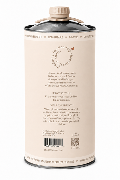 Back label of Reservoir Line Dried Linen biodegradable laundry soap